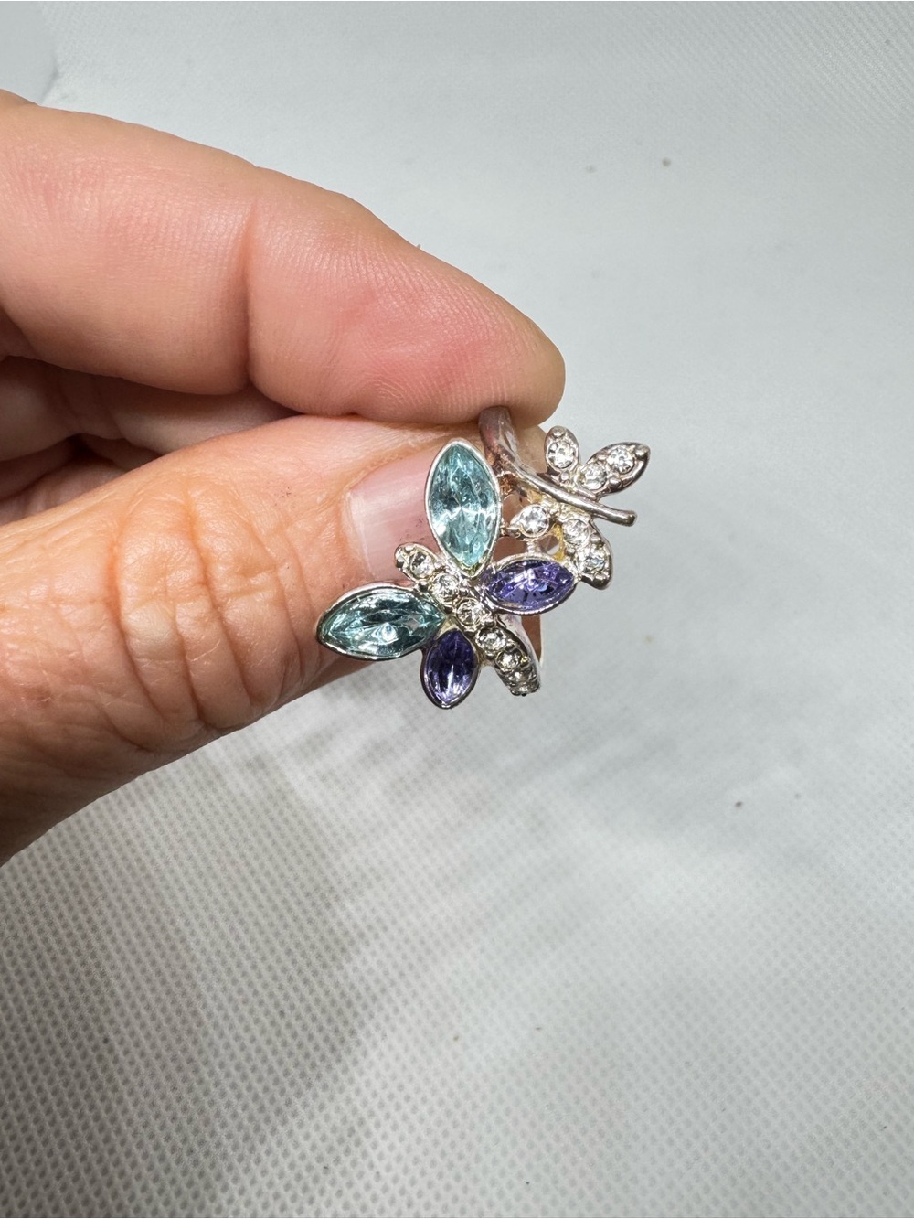 Blue Purple Dragonfly Rhinestone Statement Ring Size 8 Nature Insect Jewelry